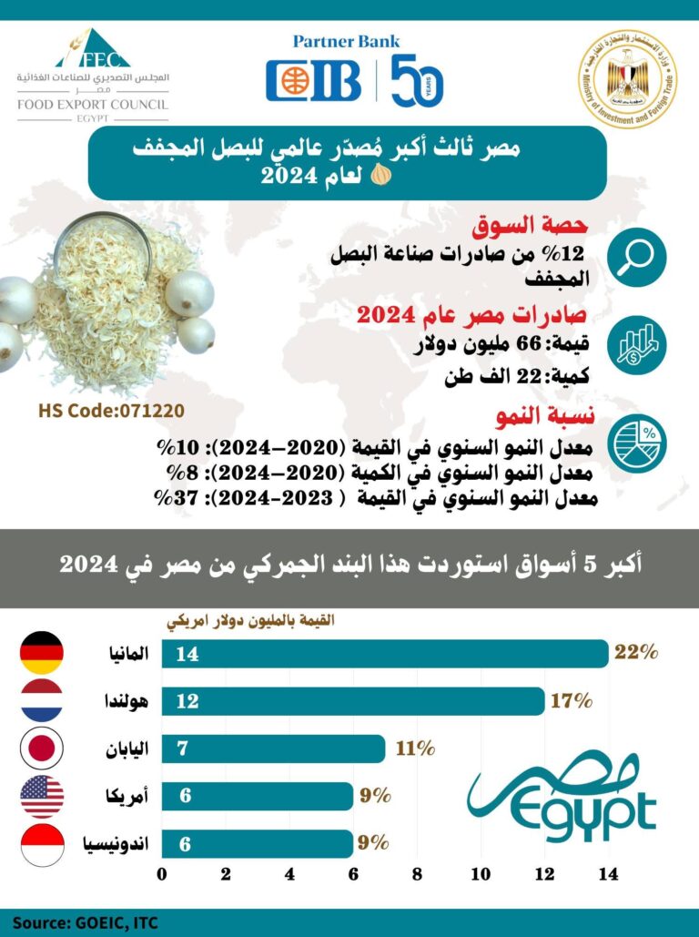 مصر ثالث أكبر مُصدّر عالمي للبصل المجفف في 2024