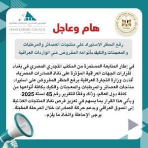 العراق ترفع الحظر عن واردات العصائر والمرطبات والمعجنات والكيك بكافة أنواعها
