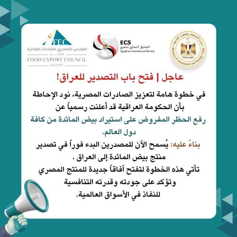 العراق يرفع الحظر عن استيراد بيض المائدة.. و”تصديري الصناعات الغذائية” : فرصة جديدة أمام الصادرات المصرية