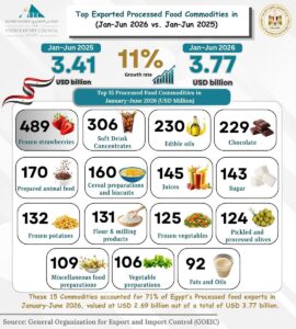 المجلس التصديري: 15 منتجًا تستحوذ على 71% من صادرات الصناعات الغذائية المصرية بالنصف الأول من 2026